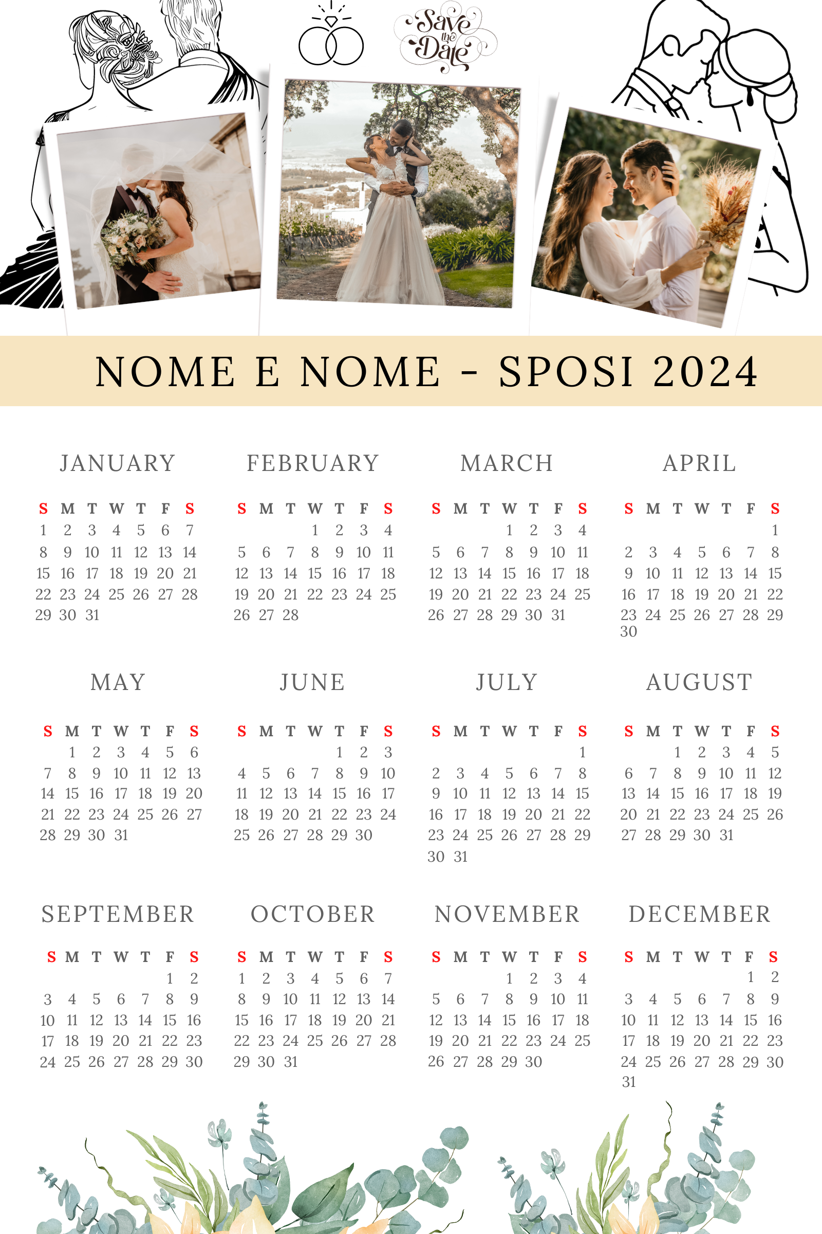 Calendario matrimonio personalizzato una pagina Calendario matrimonio personalizzato una pagina